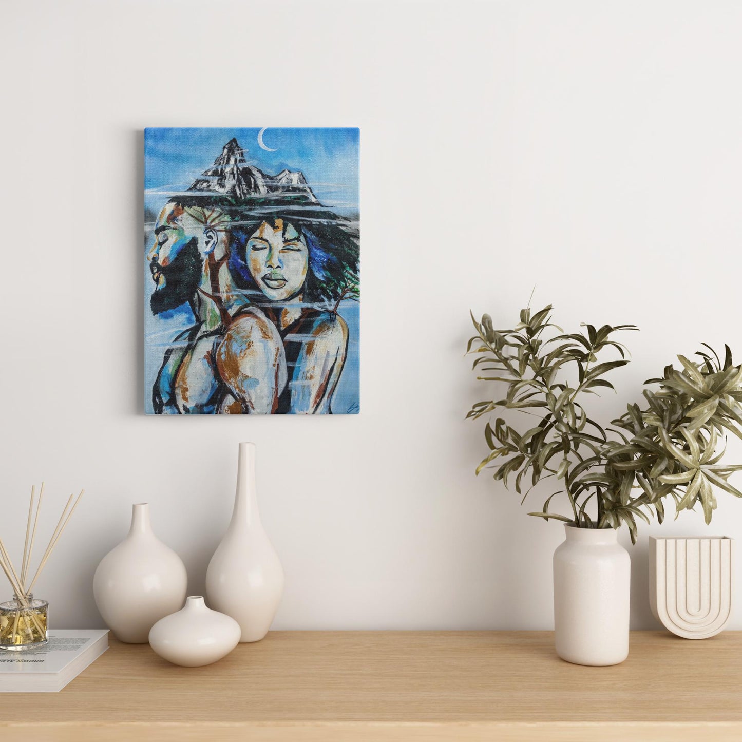 Abstract painting titled “Altitude” showing an embracing couple formed as a tree, growing upward toward a misty mountain peak symbolizing love and resilience.