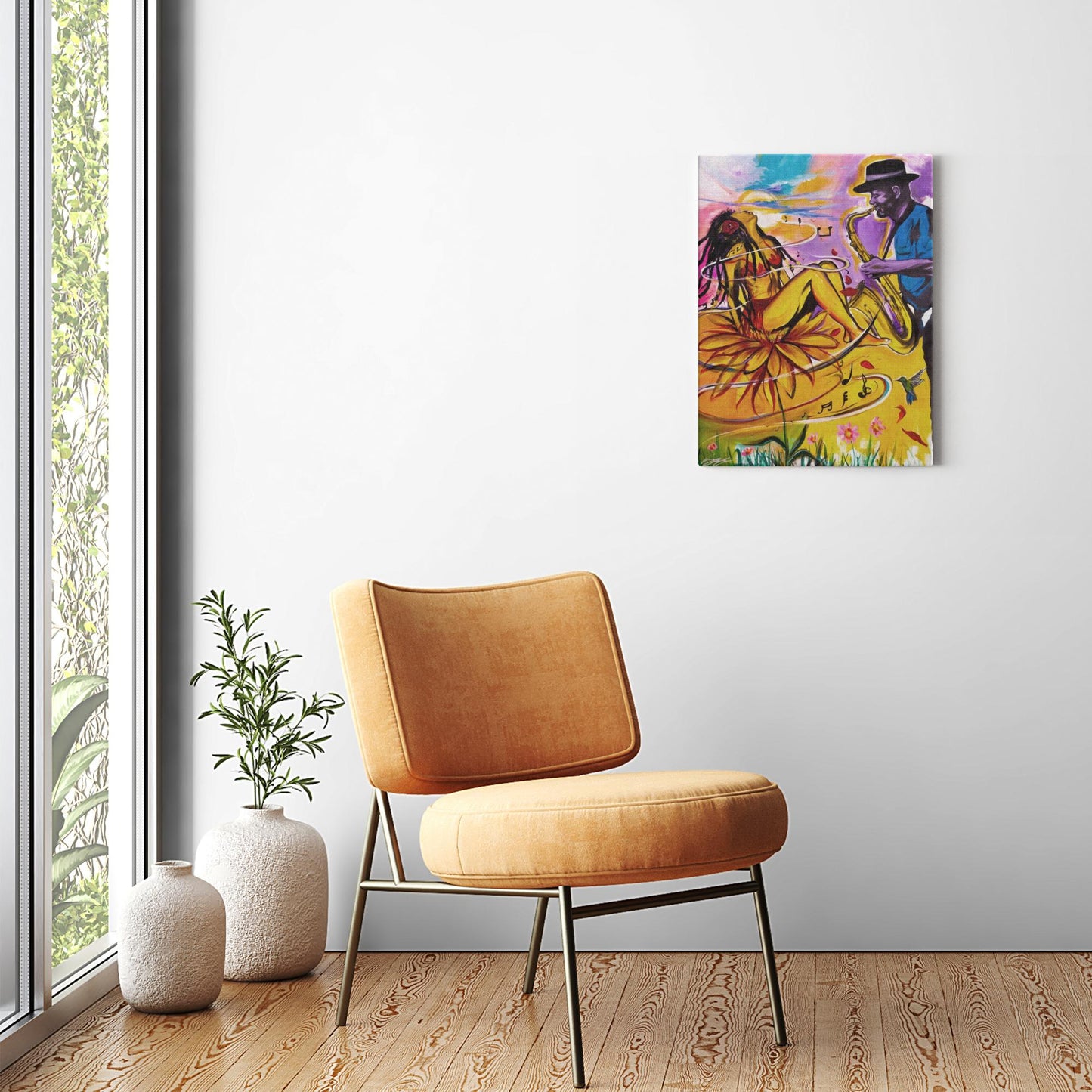 Painting titled “Special Dedication” showing a soulful saxophonist performing for a woman, capturing musical passion and emotional connection in vibrant tones.