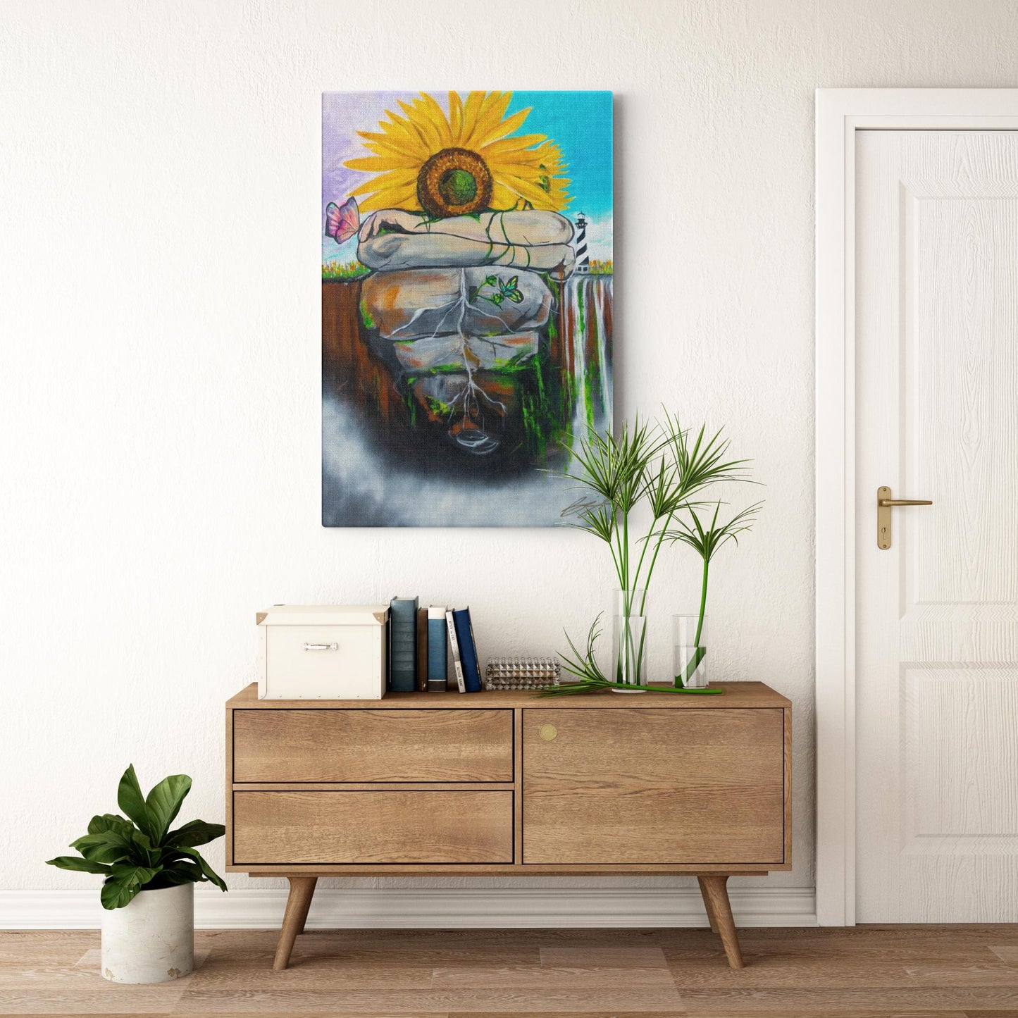 Surreal painting of two sunflowers growing through stone, symbolizing love, growth, and life with butterflies and a door, representing the heart."