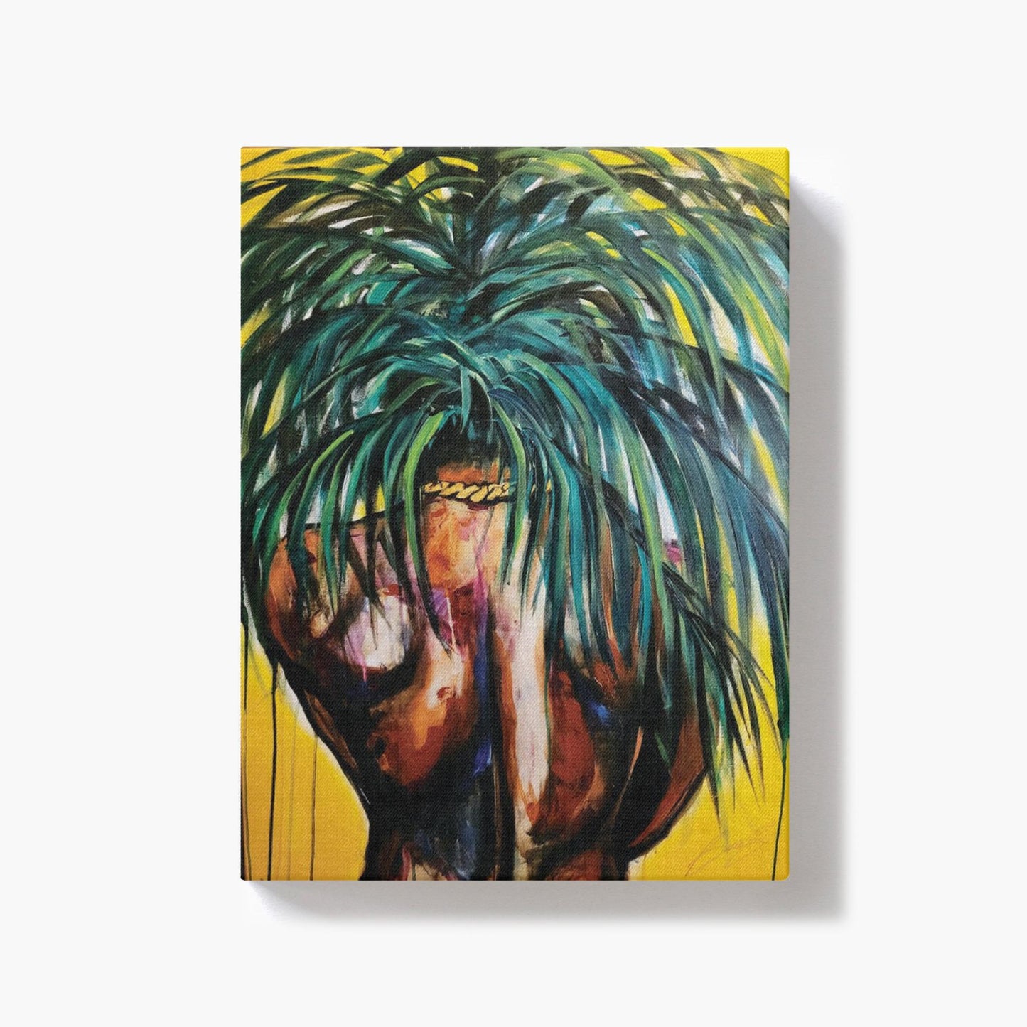Painting titled “Throwing Shade” showing a solitary male figure with a strong back and palm tree hair, wearing a gold chain against a bright yellow tropical background.