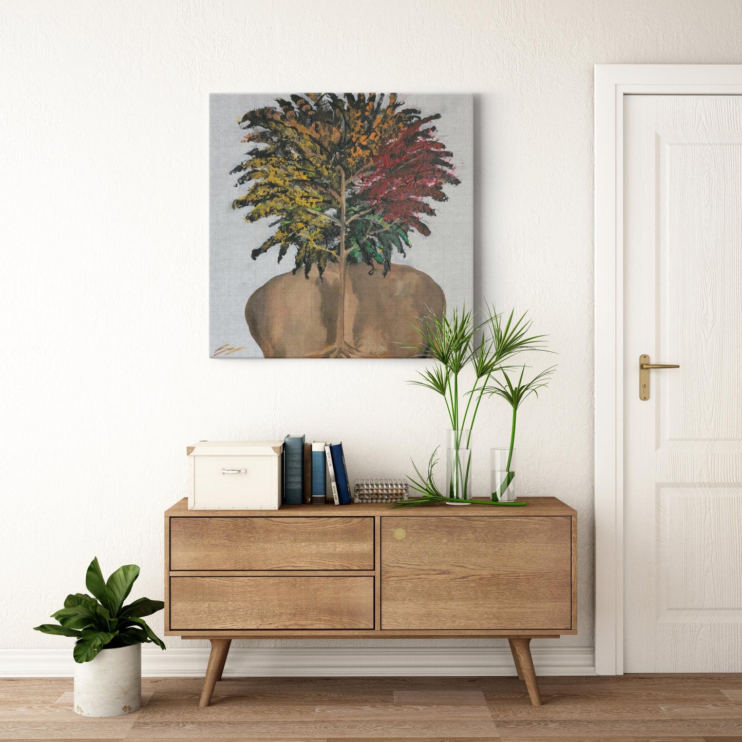 "Surreal painting of two sunflowers growing through stone, symbolizing love, growth, and life with butterflies and a door entrance to an open heart."