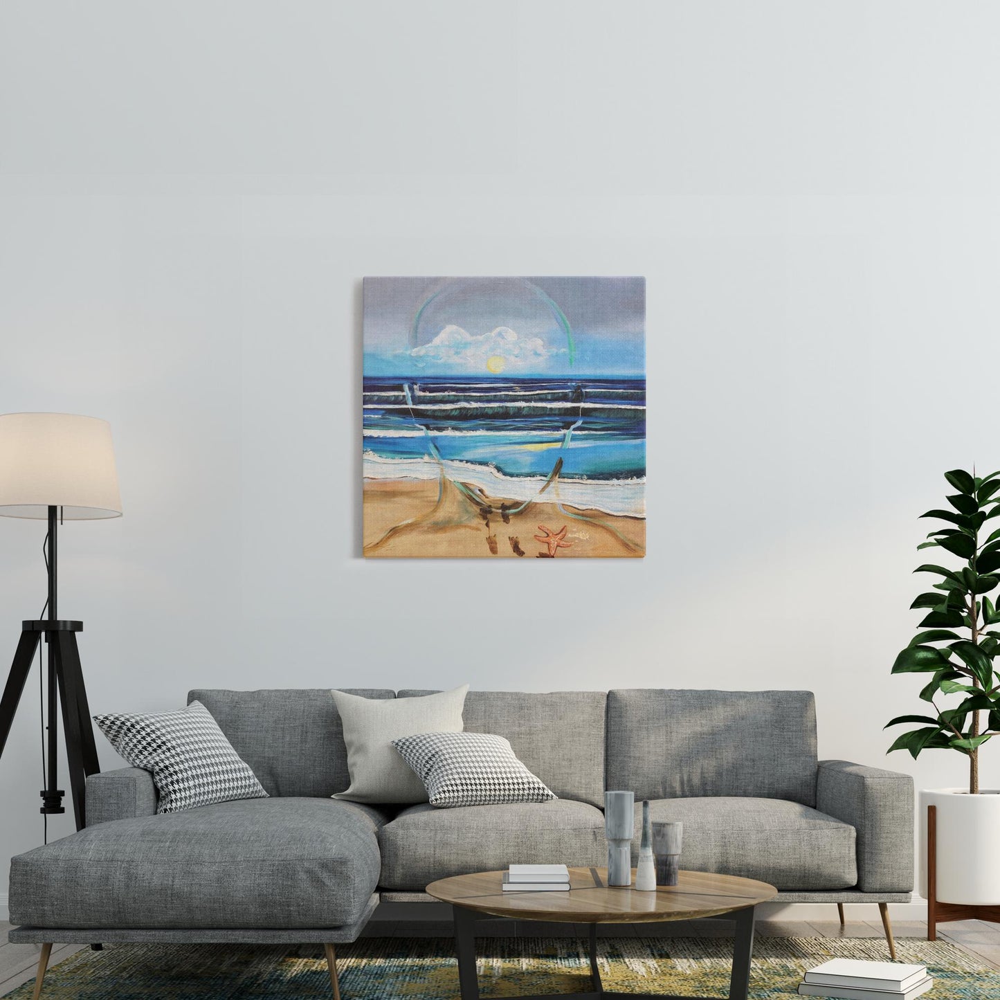 Painting titled “Fluent” showing an ocean scene blending with the outline of a male face, waves running into sand, starfish and shells, with a glowing sun symbolizing peace and focus.
