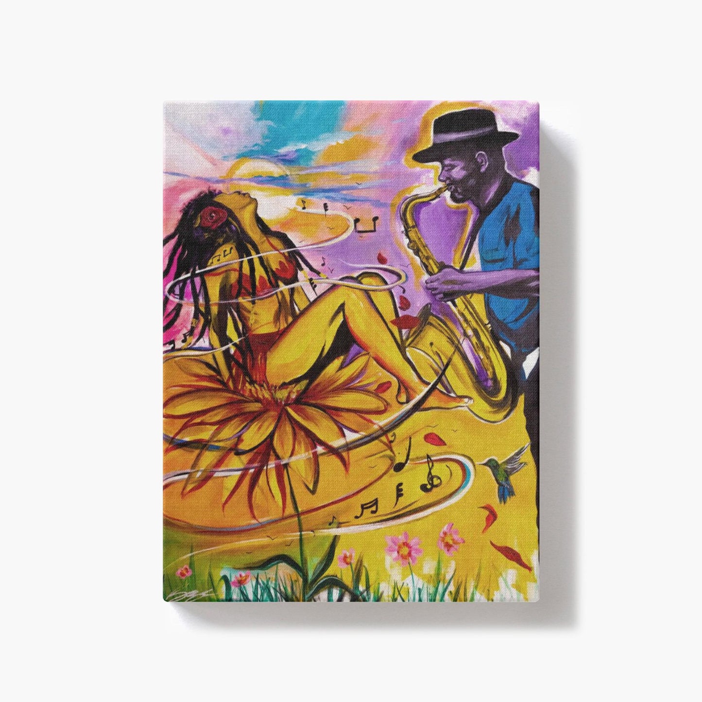 Painting titled “Special Dedication” showing a soulful saxophonist performing for a woman, capturing musical passion and emotional connection in vibrant tones.