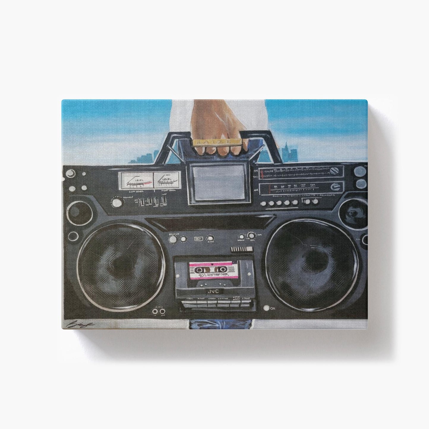 Painting titled “My Boom Box” showing a man in a white T-shirt holding a boombox with a BAIZE ring on his fingers and a faint city skyline in the background.
