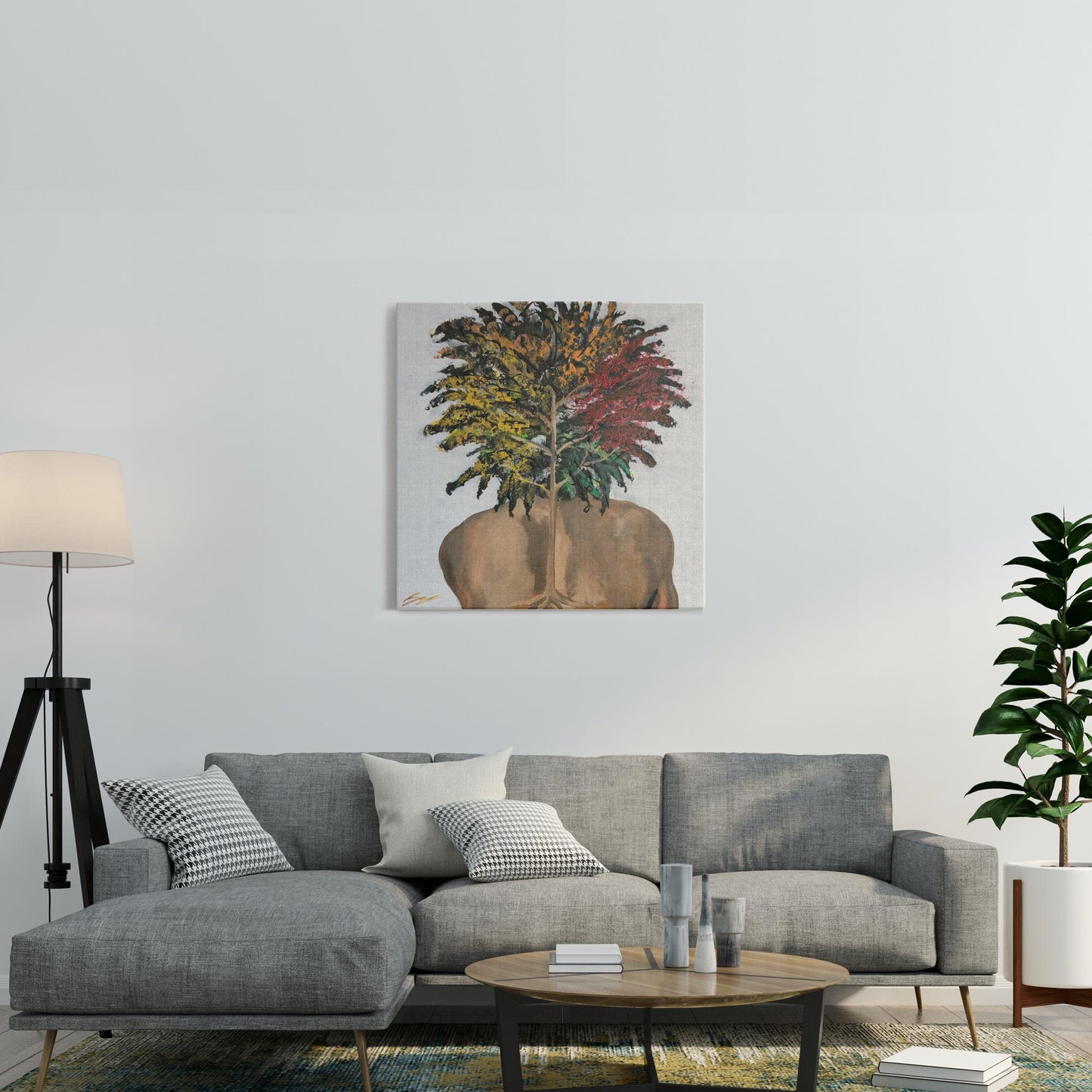 "Surreal painting of two sunflowers growing through stone, symbolizing love, growth, and life with butterflies and a door entrance to an open heart."