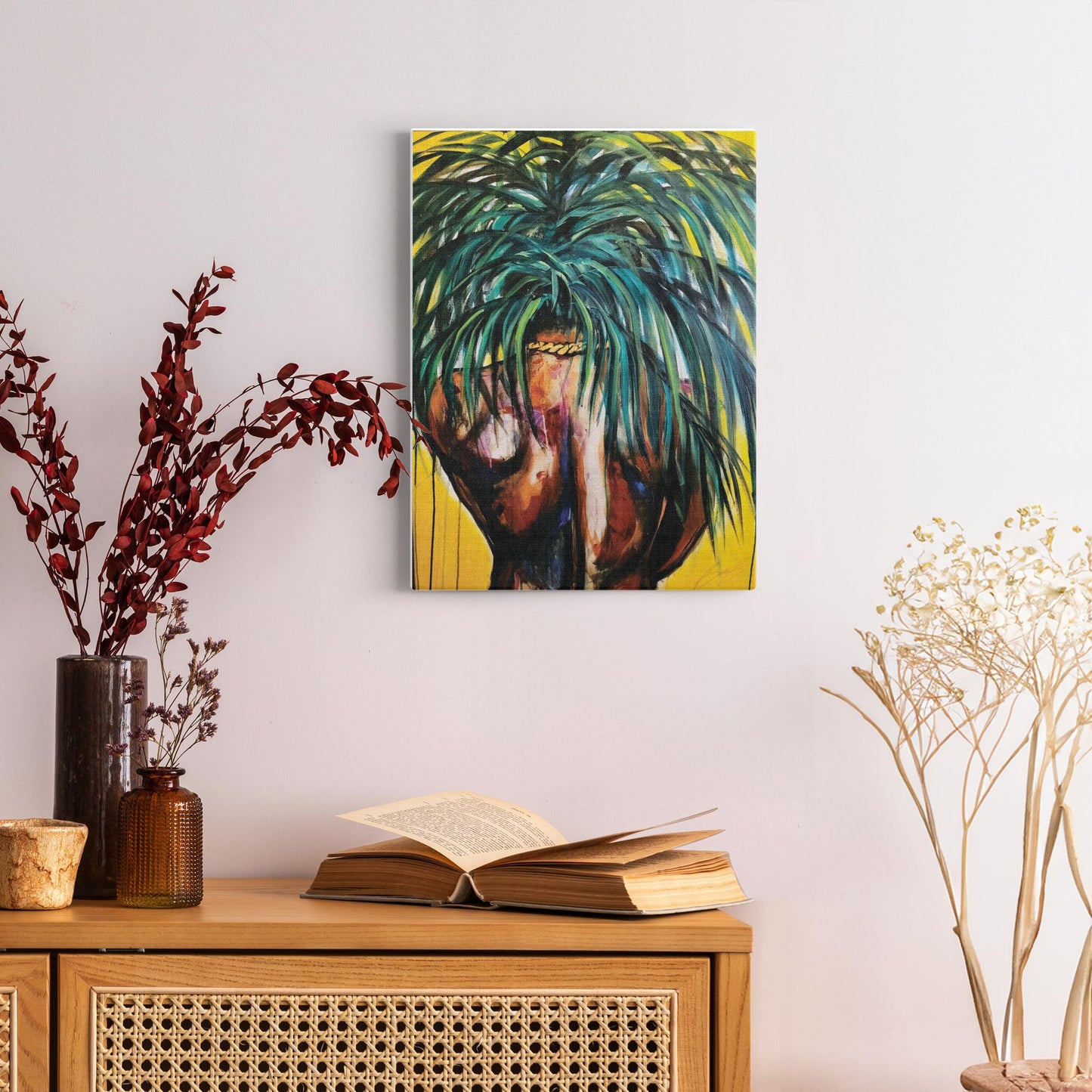 Painting titled “Throwing Shade” showing a solitary male figure with a strong back and palm tree hair, wearing a gold chain against a bright yellow tropical background.