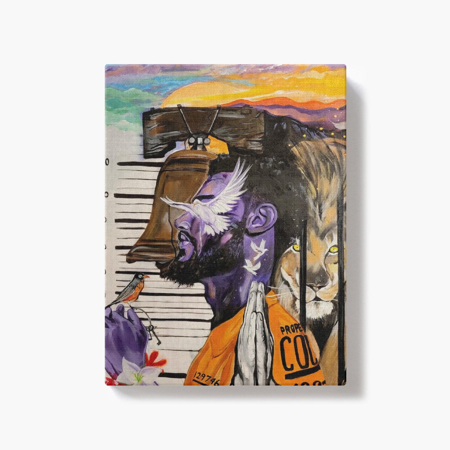 Painting titled “Give Me Liberty” showing a male in a prison jumpsuit kneeling in prayer with a symbolic lion behind bars, liberty bell, and doves representing freedom.