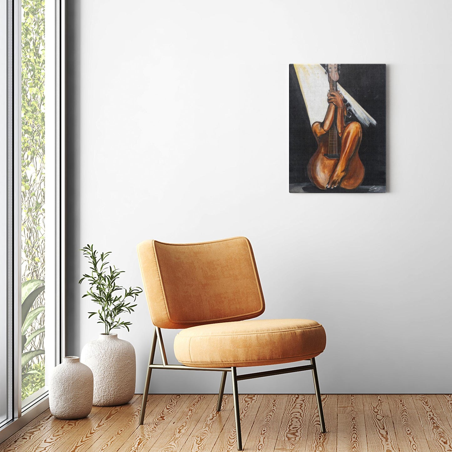 Abstract painting titled “Fine Tuned” showing a woman’s curved body merged with a guitar’s form, one leg extending upward into the neck of the instrument.