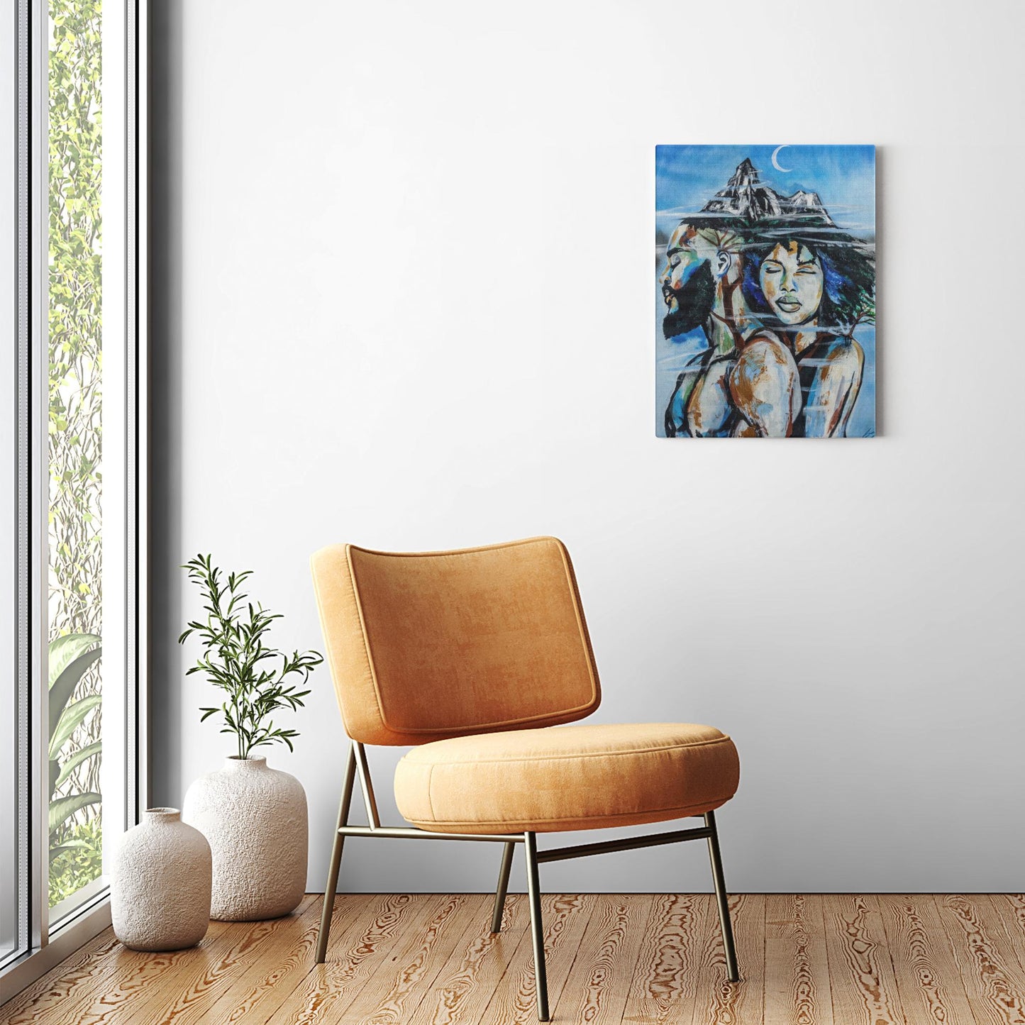 Abstract painting titled “Altitude” showing an embracing couple formed as a tree, growing upward toward a misty mountain peak symbolizing love and resilience.