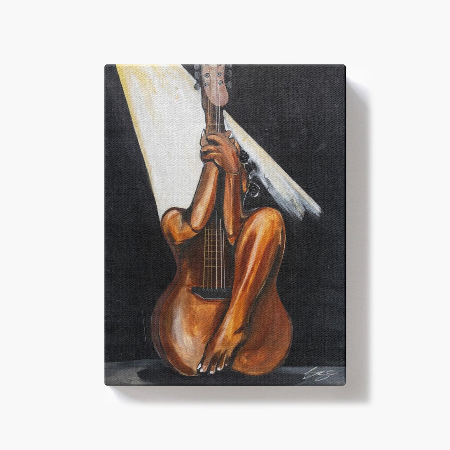 Abstract painting titled “Fine Tuned” showing a woman’s curved body merged with a guitar’s form, one leg extending upward into the neck of the instrument.