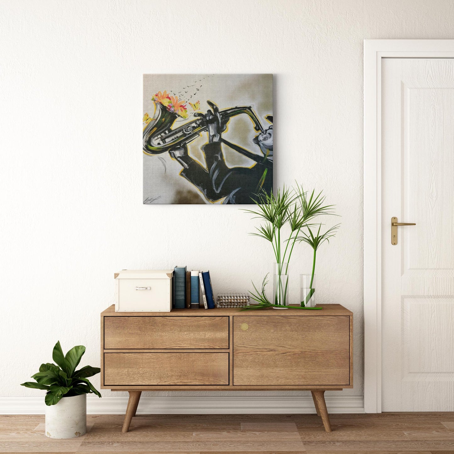 Abstract painting titled “Full Bloom” showing a silhouetted saxophonist playing as flowers bloom from the horn, transforming into floating music notes.