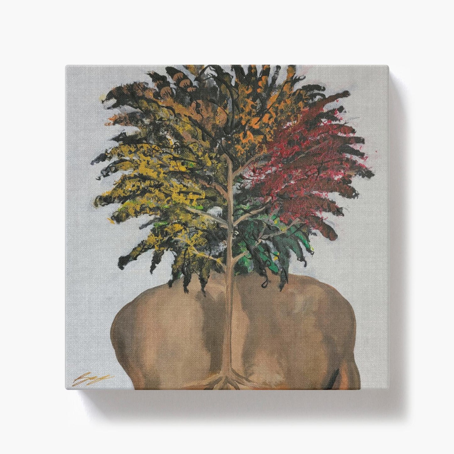 "Surreal painting of two sunflowers growing through stone, symbolizing love, growth, and life with butterflies and a door entrance to an open heart."