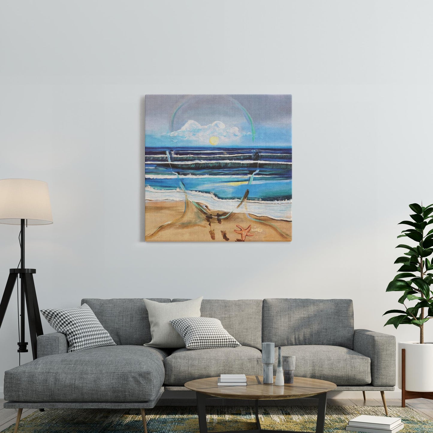 Painting titled “Fluent” showing an ocean scene blending with the outline of a male face, waves running into sand, starfish and shells, with a glowing sun symbolizing peace and focus.