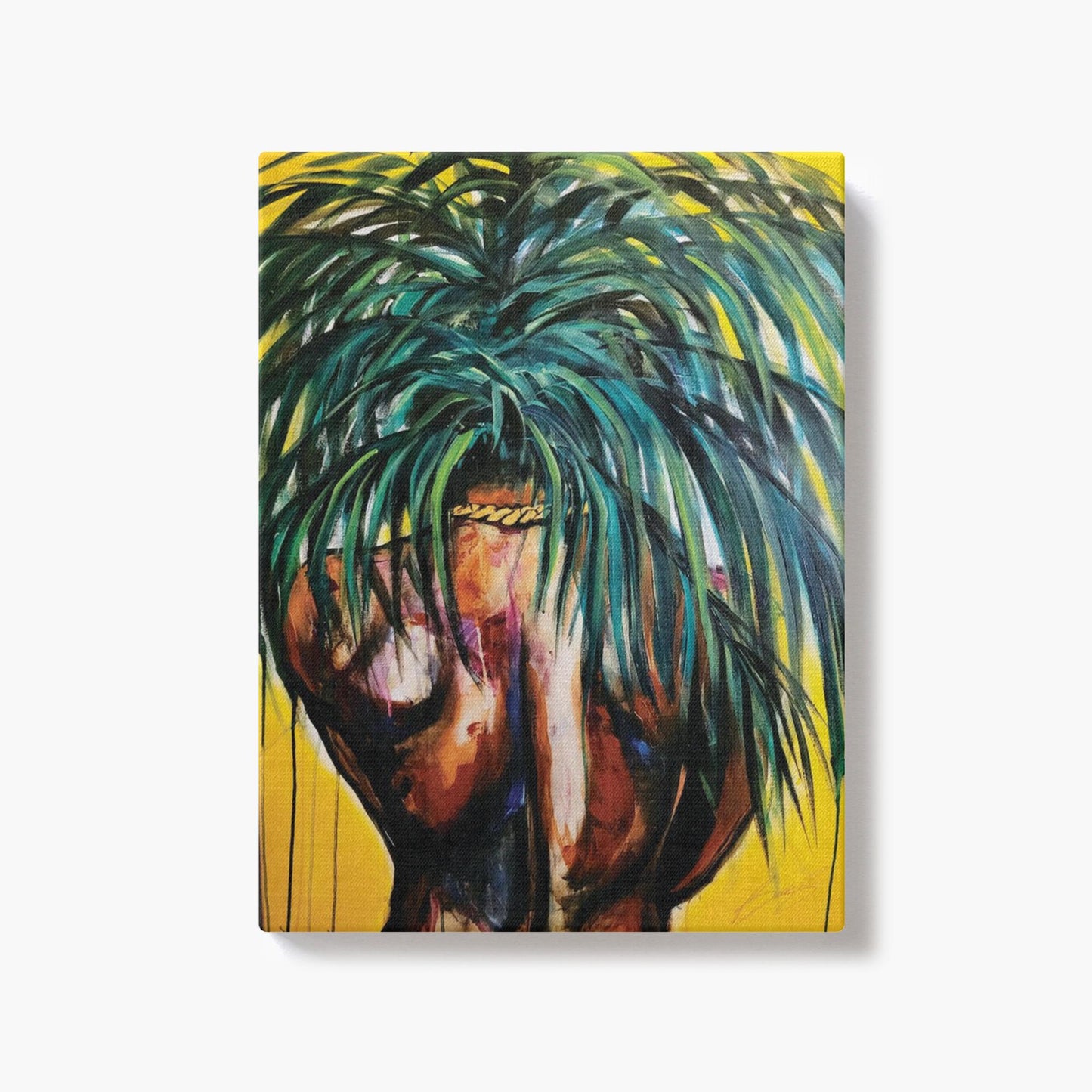 Painting titled “Throwing Shade” showing a solitary male figure with a strong back and palm tree hair, wearing a gold chain against a bright yellow tropical background.