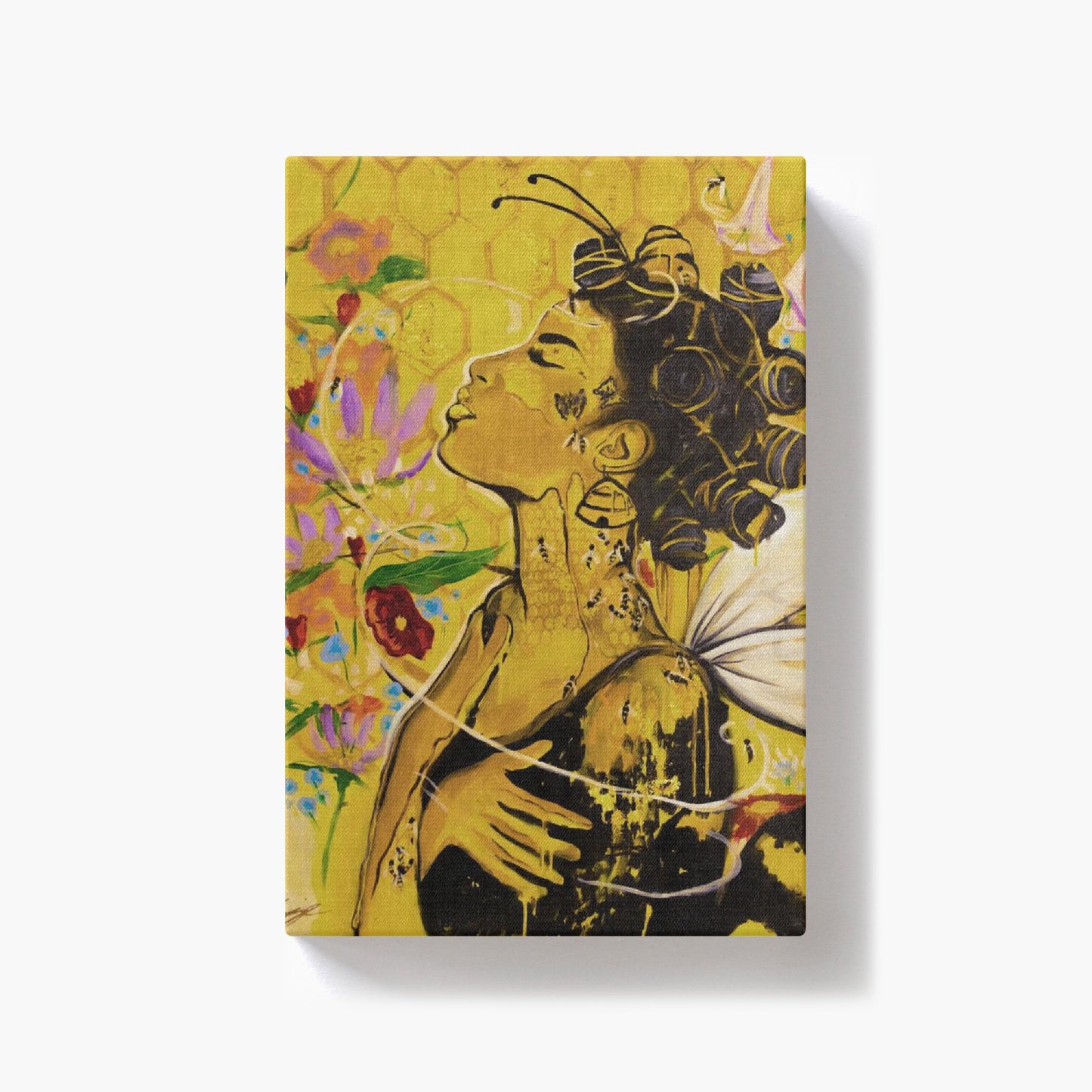 Painting titled “Angelic Butterfly” showing a Black woman with bantu knots, honey-dipped skin, butterfly wings, gold flakes, and bees in a bright yellow setting.