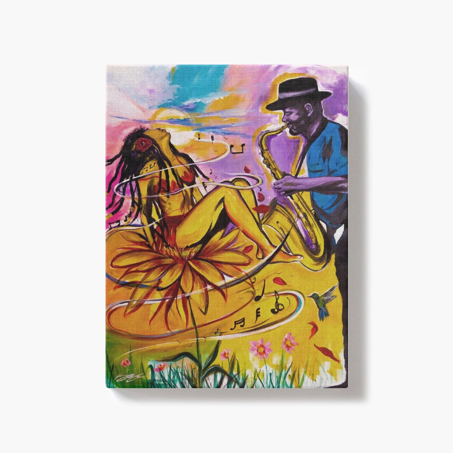 Painting titled “Special Dedication” showing a soulful saxophonist performing for a woman, capturing musical passion and emotional connection in vibrant tones.