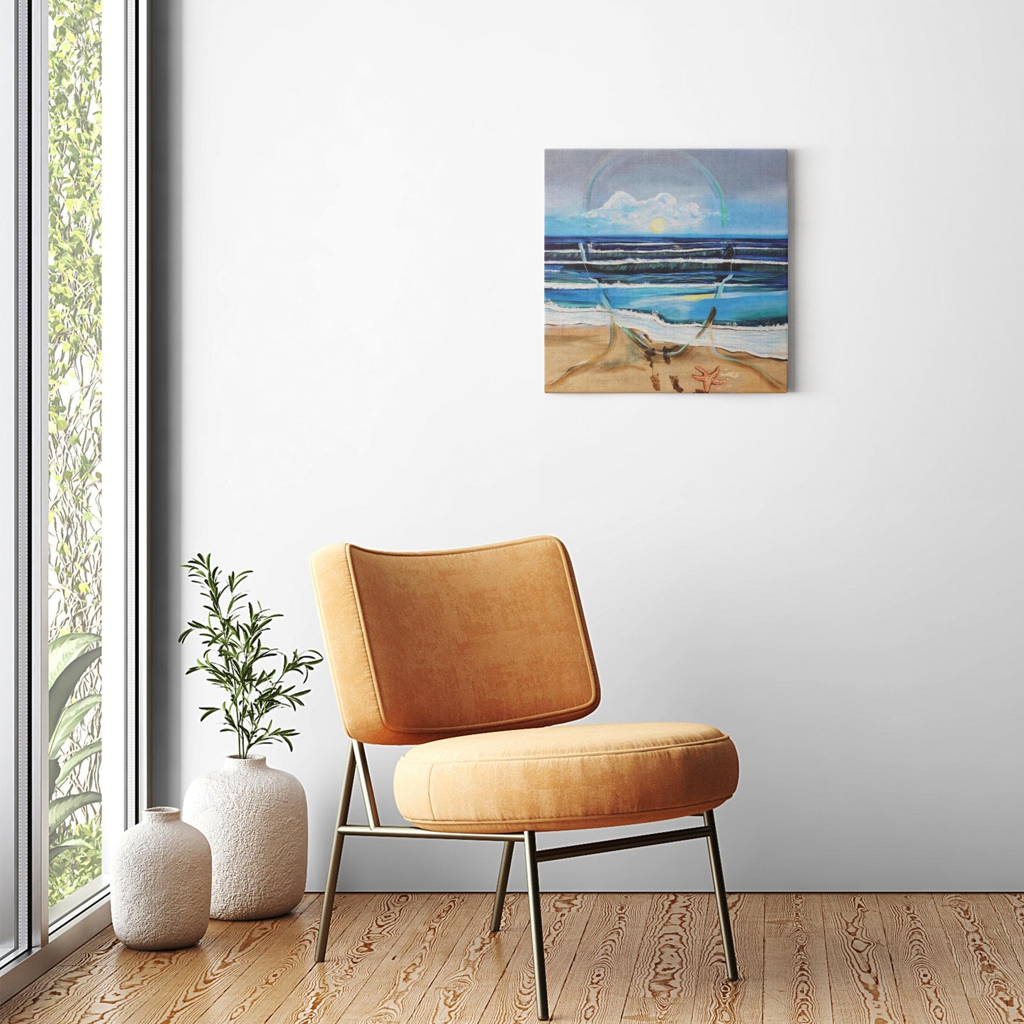 Painting titled “Fluent” showing an ocean scene blending with the outline of a male face, waves running into sand, starfish and shells, with a glowing sun symbolizing peace and focus.