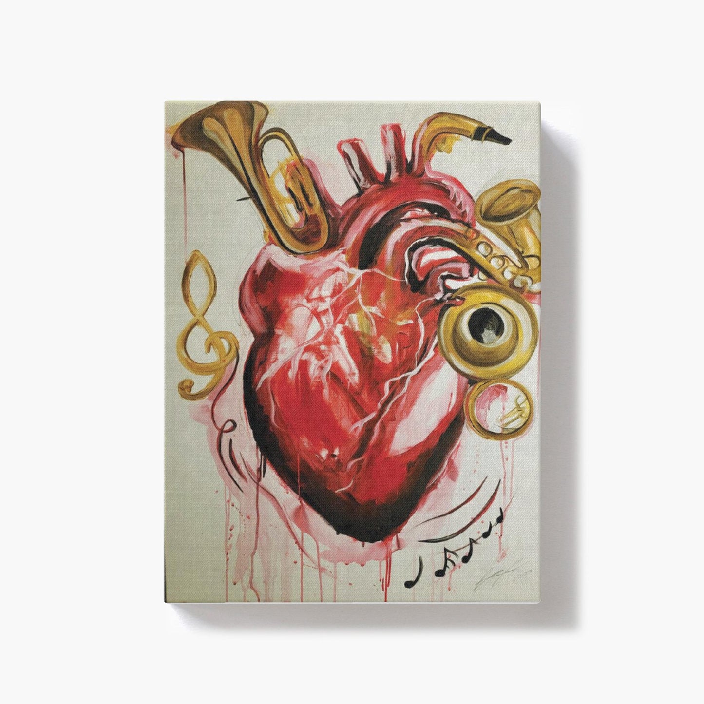 Abstract painting titled “From the Heart” showing musical instruments shaped like parts of a human heart—flutes, horns, and drums merging in surreal form.