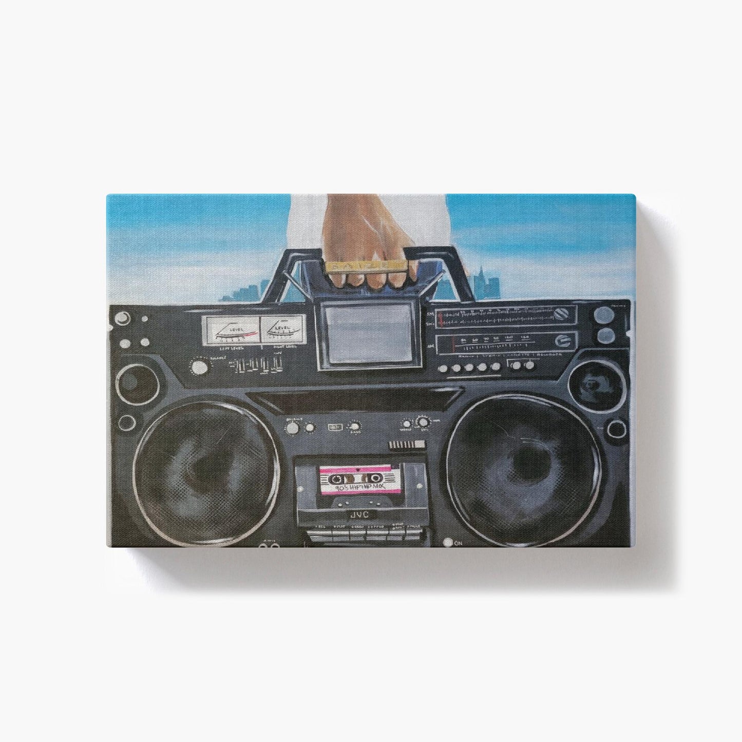 Painting titled “My Boom Box” showing a man in a white T-shirt holding a boombox with a BAIZE ring on his fingers and a faint city skyline in the background.
