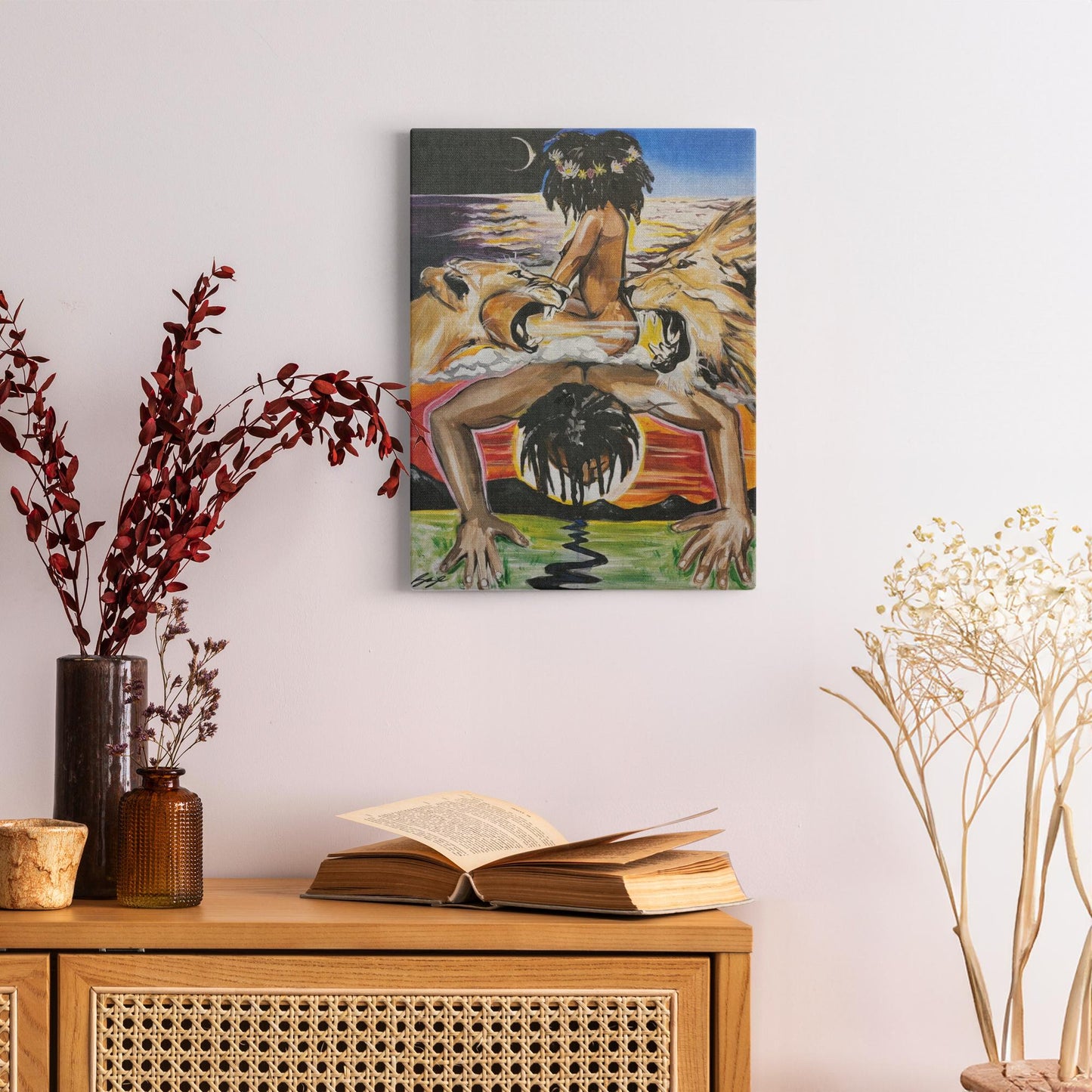 Abstract spiritual painting titled “Mystic Landing” showing a cosmic union of twin flames—King and Queen energies uniting in love and planetary balance.