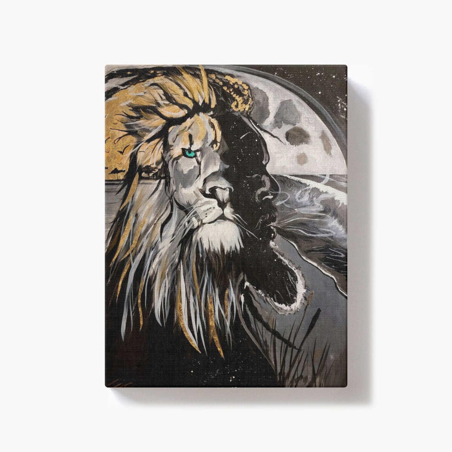 Painting titled “Into the Night” showing a seamless blend of a man and lion’s face over a moonlit ocean, with gold sunlight merging into the lion’s mane.