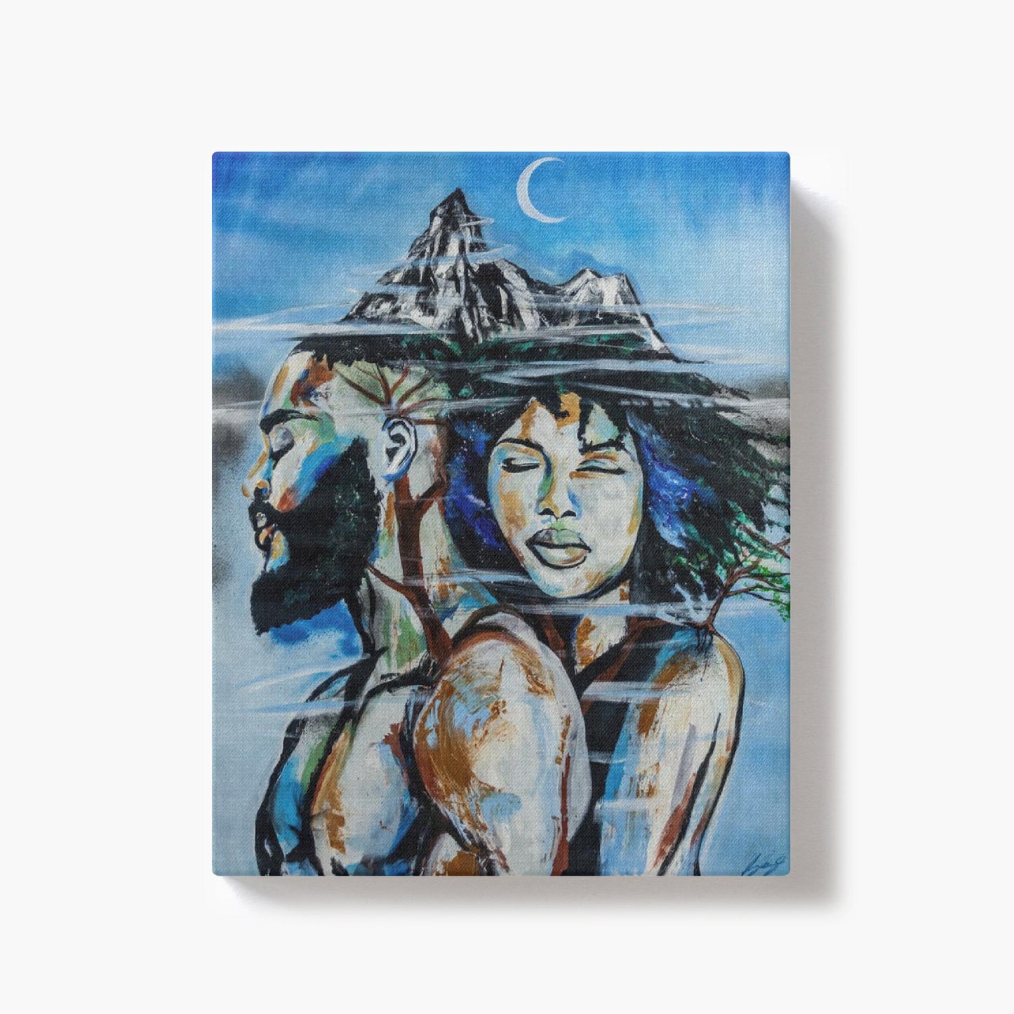 Abstract painting titled “Altitude” showing an embracing couple formed as a tree, growing upward toward a misty mountain peak symbolizing love and resilience.