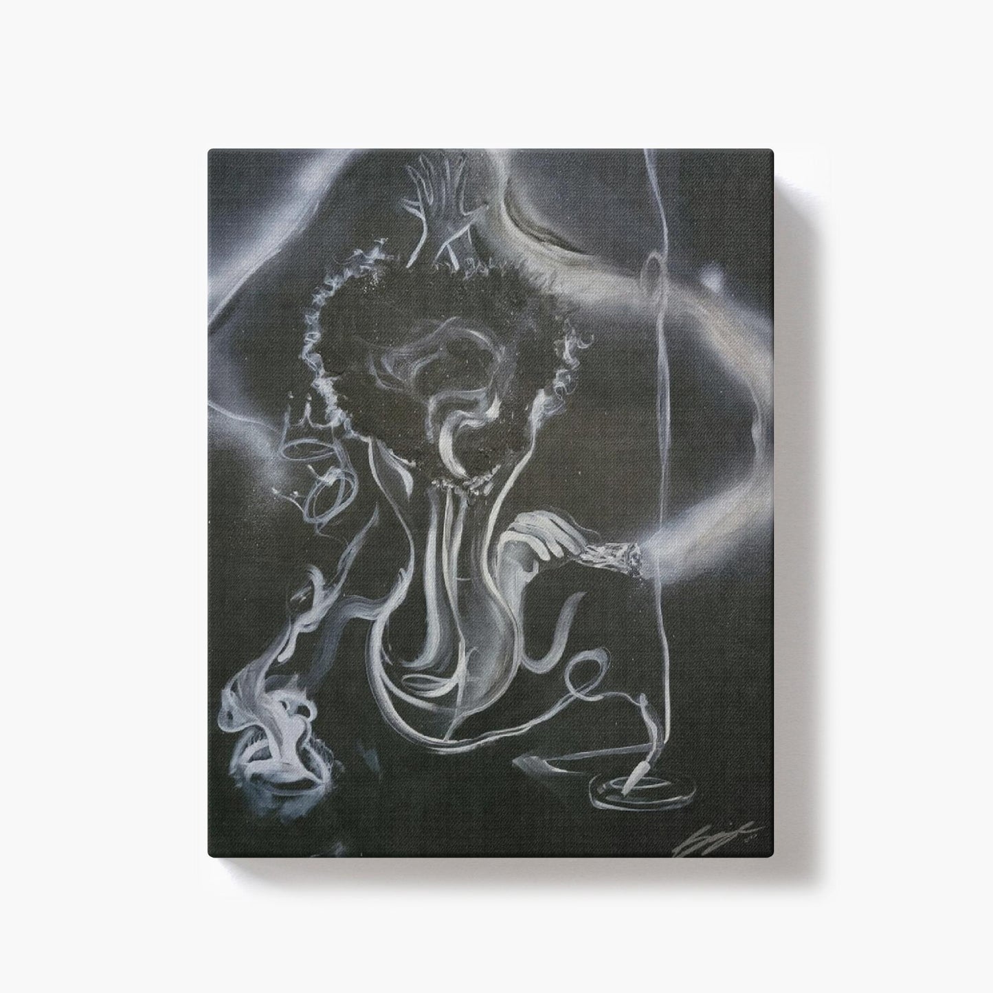 Painting titled “All the Smoke” showing smoke forming a woman, hidden male figure, incense, burning sage, the word love, and male and female crowns, symbolizing transformation and energy.