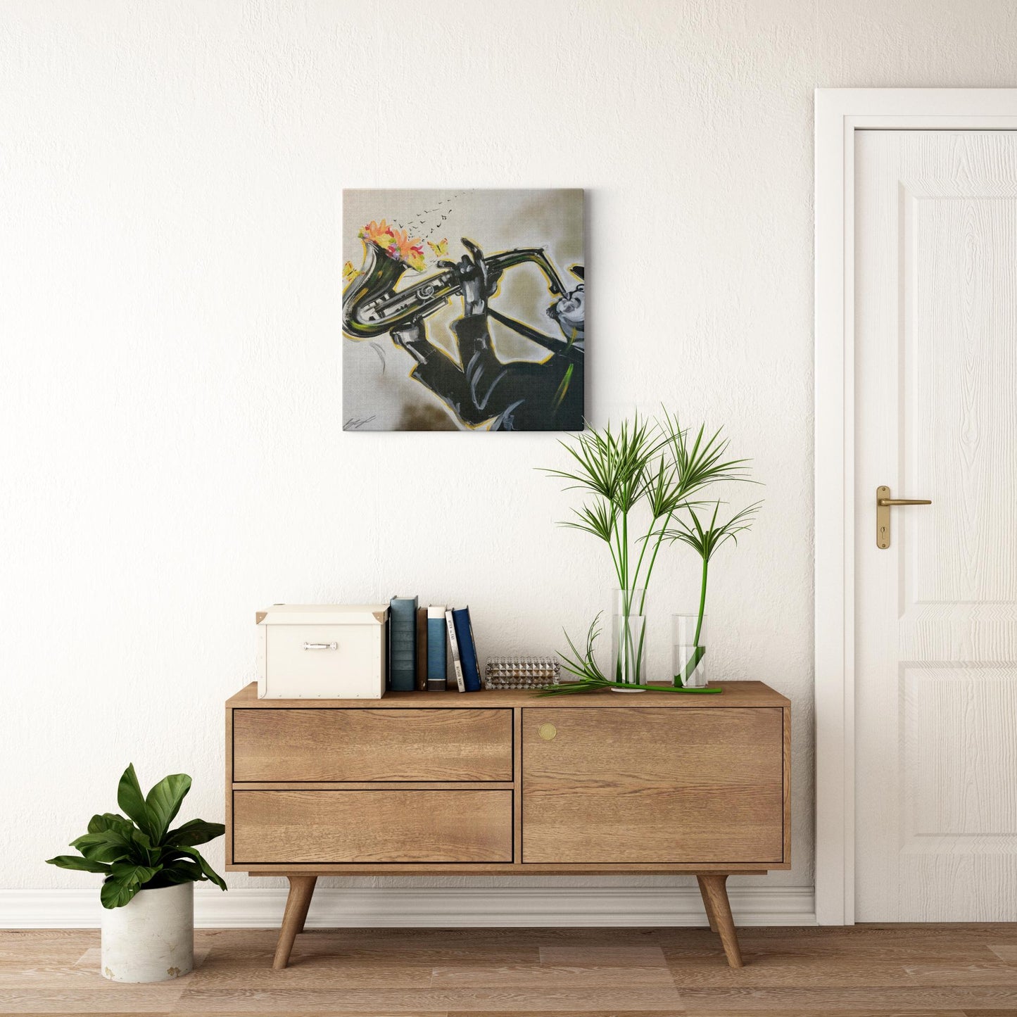 Abstract painting titled “Full Bloom” showing a silhouetted saxophonist playing as flowers bloom from the horn, transforming into floating music notes.