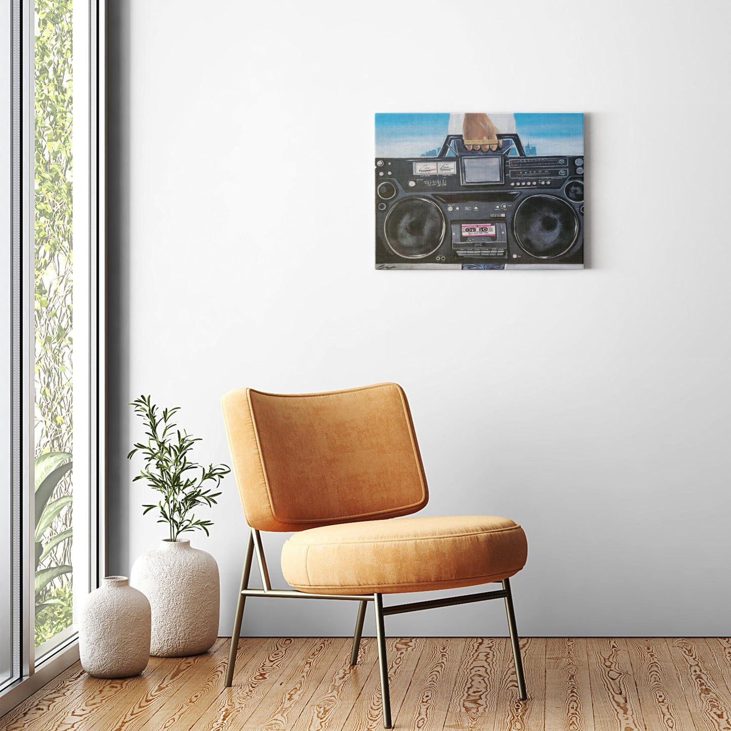 Painting titled “My Boom Box” showing a man in a white T-shirt holding a boombox with a BAIZE ring on his fingers and a faint city skyline in the background.