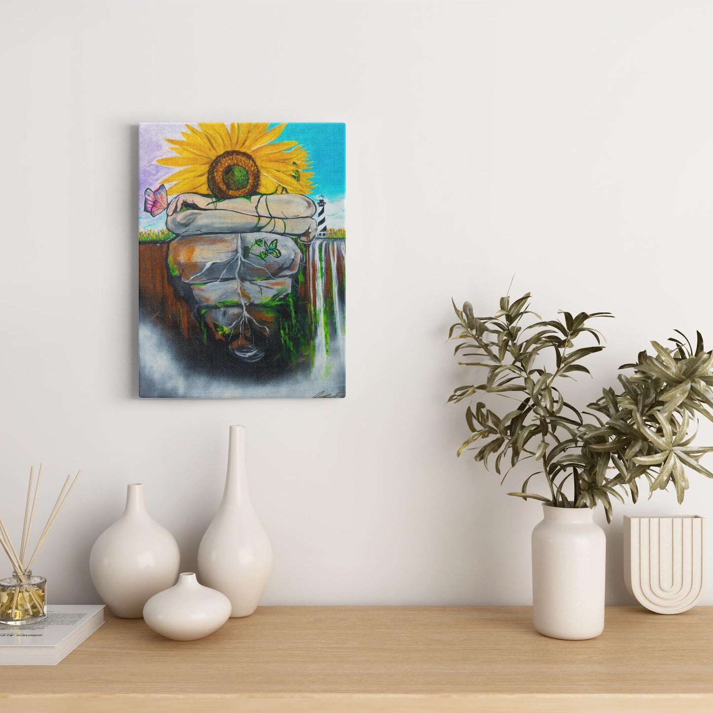 Surreal painting of two sunflowers growing through stone, symbolizing love, growth, and life with butterflies and a door, representing the heart."