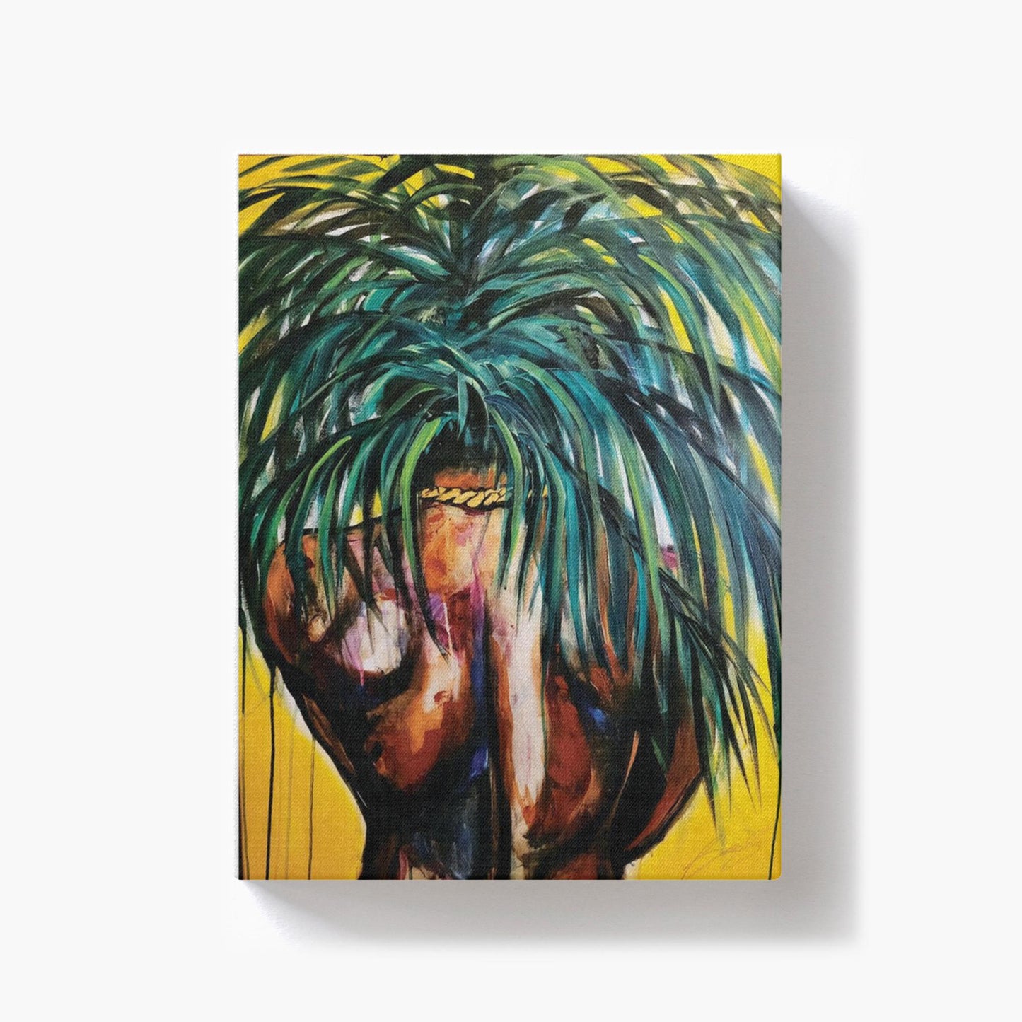 Painting titled “Throwing Shade” showing a solitary male figure with a strong back and palm tree hair, wearing a gold chain against a bright yellow tropical background.