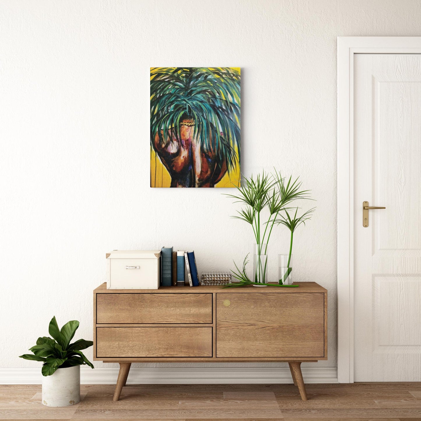 Painting titled “Throwing Shade” showing a solitary male figure with a strong back and palm tree hair, wearing a gold chain against a bright yellow tropical background.