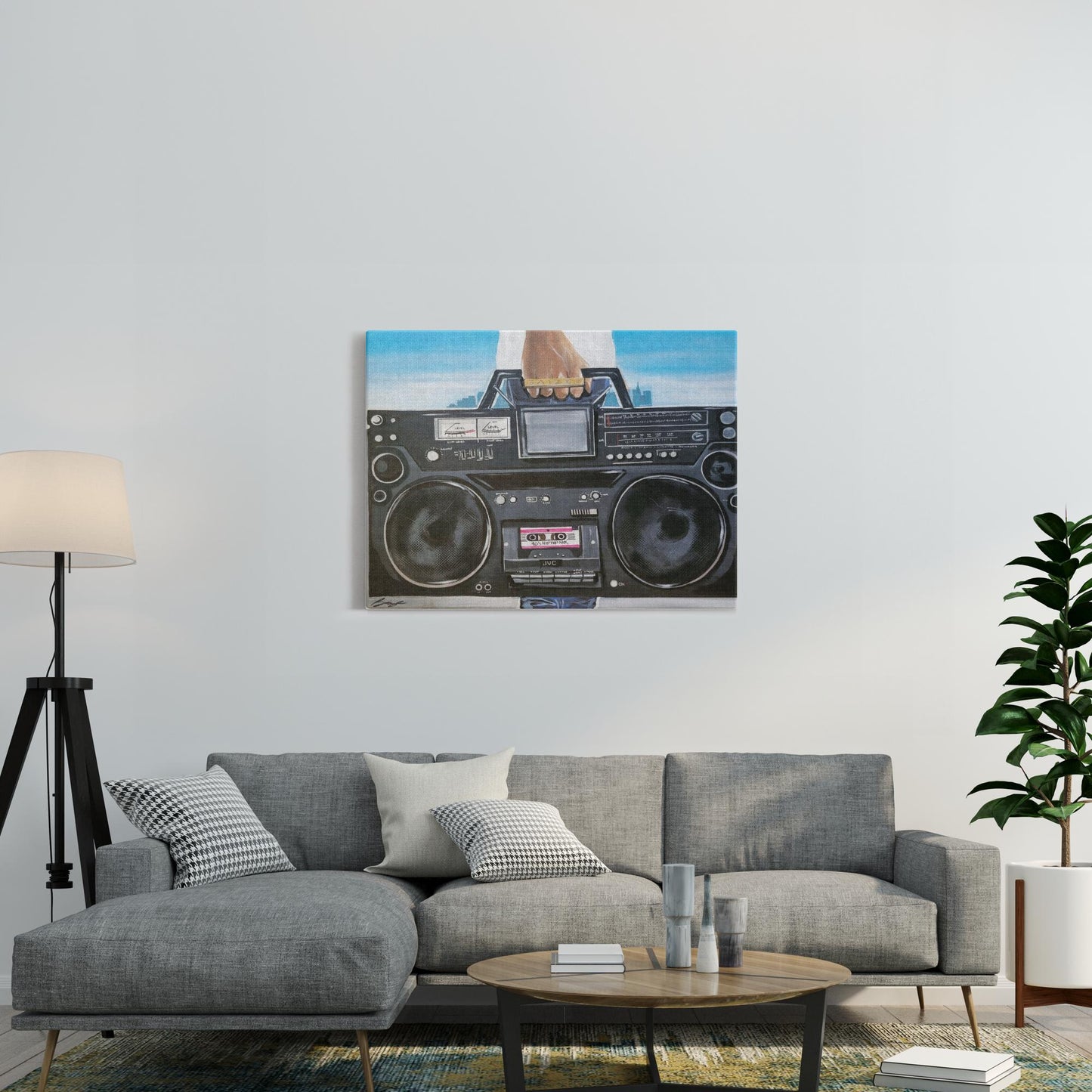 Painting titled “My Boom Box” showing a man in a white T-shirt holding a boombox with a BAIZE ring on his fingers and a faint city skyline in the background.