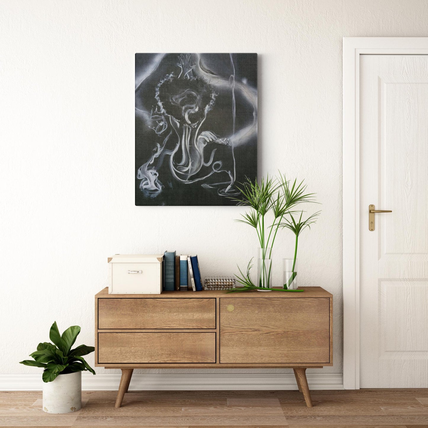 Painting titled “All the Smoke” showing smoke forming a woman, hidden male figure, incense, burning sage, the word love, and male and female crowns, symbolizing transformation and energy.