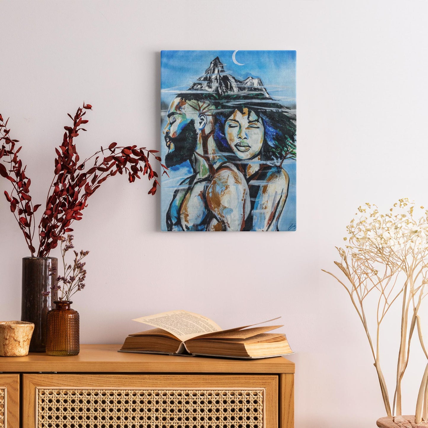 Abstract painting titled “Altitude” showing an embracing couple formed as a tree, growing upward toward a misty mountain peak symbolizing love and resilience.