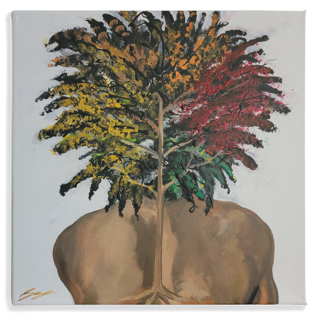 "Surreal painting of two sunflowers growing through stone, symbolizing love, growth, and life with butterflies and a door entrance to an open heart."