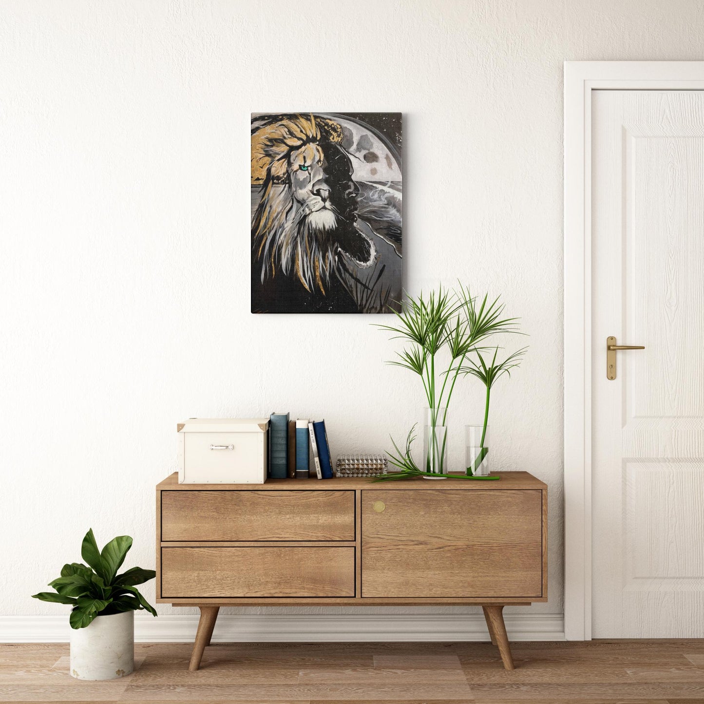 Painting titled “Into the Night” showing a seamless blend of a man and lion’s face over a moonlit ocean, with gold sunlight merging into the lion’s mane.