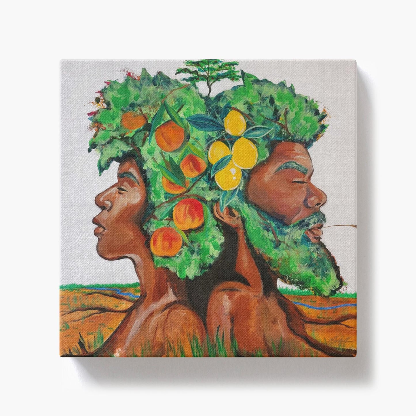 Painting titled “In Good Grace” showing male and female tree figures back-to-back with green afros, bearing fruit and a baby tree, in a serene natural landscape.