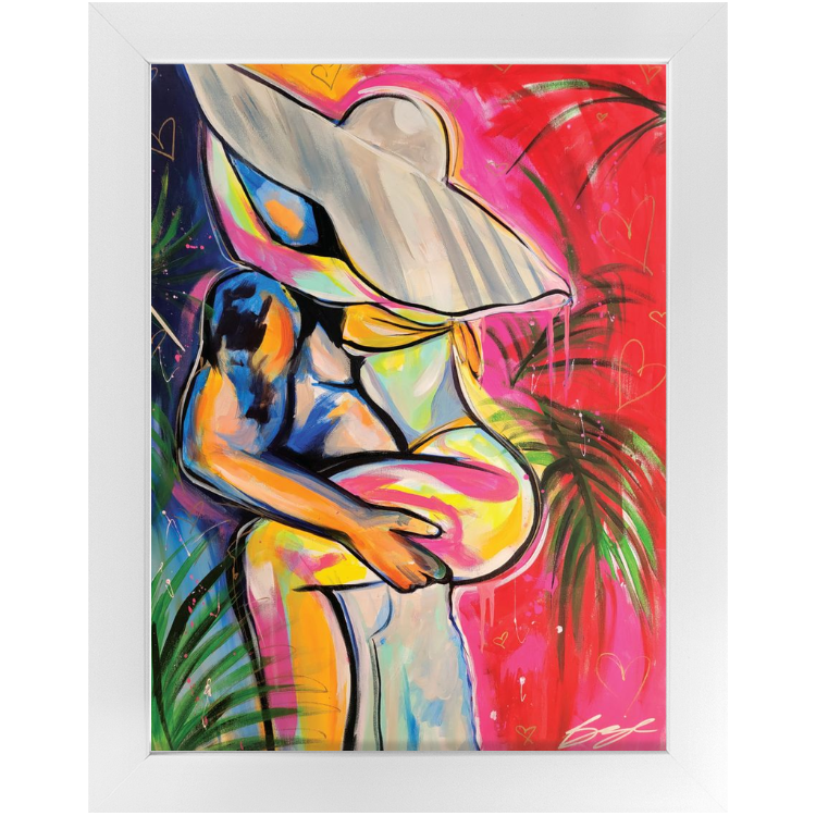 Painting titled “Passion in Paradise” showing a couple in a private, passionate embrace surrounded by tropical palms, capturing intimacy and desire.