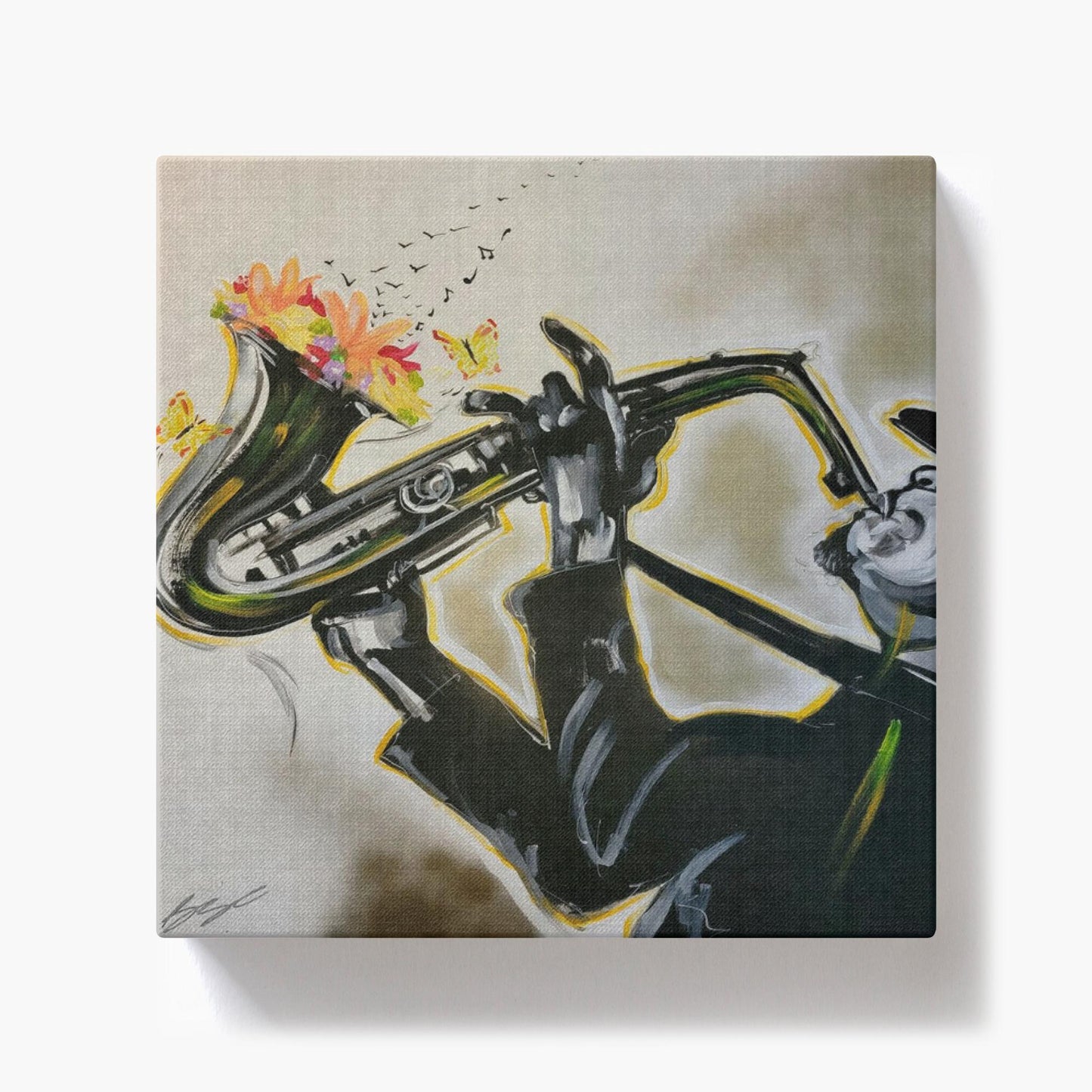 Abstract painting titled “Full Bloom” showing a silhouetted saxophonist playing as flowers bloom from the horn, transforming into floating music notes.