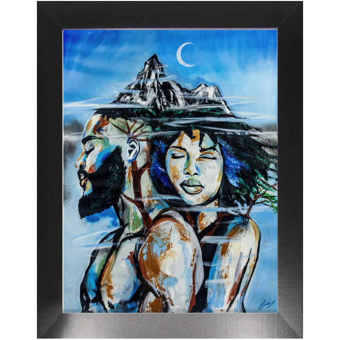 Abstract painting titled “Altitude” showing an embracing couple formed as a tree, growing upward toward a misty mountain peak symbolizing love and resilience.