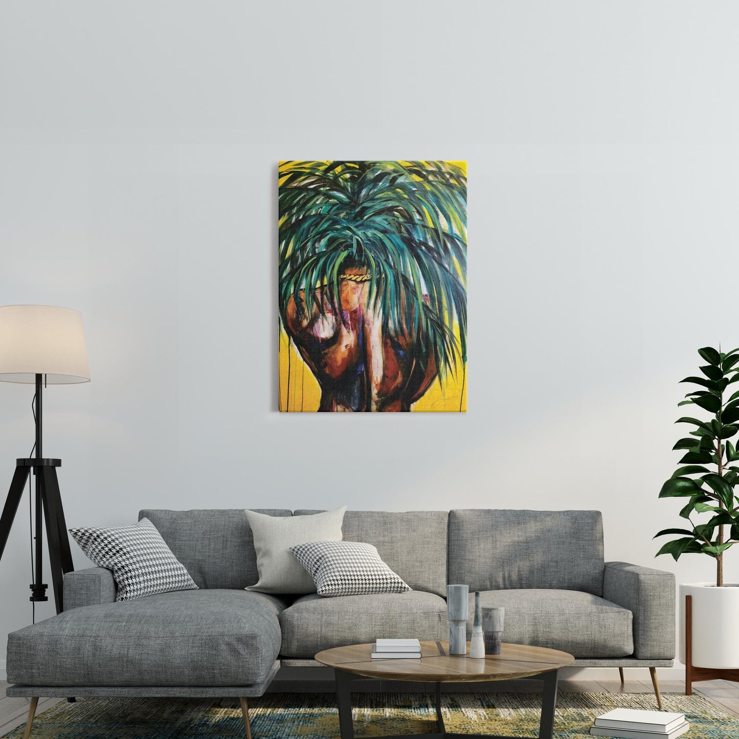 Painting titled “Throwing Shade” showing a solitary male figure with a strong back and palm tree hair, wearing a gold chain against a bright yellow tropical background.