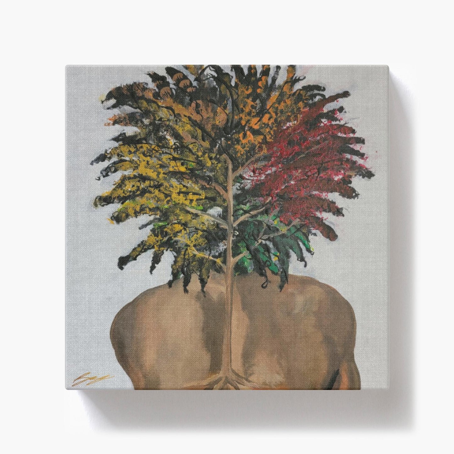 "Surreal painting of two sunflowers growing through stone, symbolizing love, growth, and life with butterflies and a door entrance to an open heart."