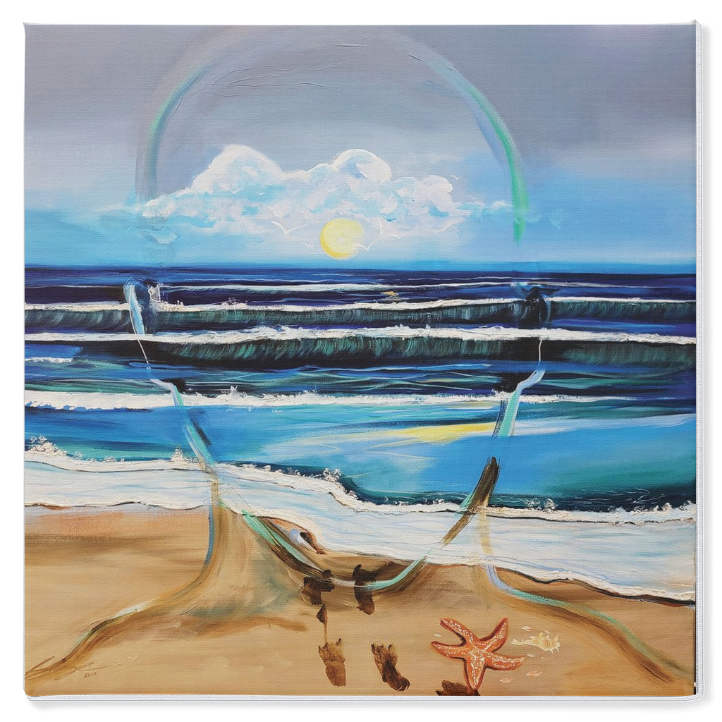 Painting titled “Fluent” showing an ocean scene blending with the outline of a male face, waves running into sand, starfish and shells, with a glowing sun symbolizing peace and focus.