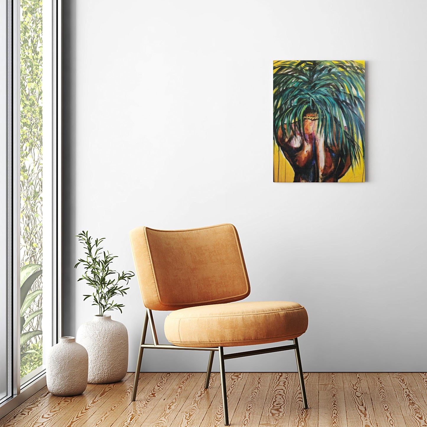Painting titled “Throwing Shade” showing a solitary male figure with a strong back and palm tree hair, wearing a gold chain against a bright yellow tropical background.