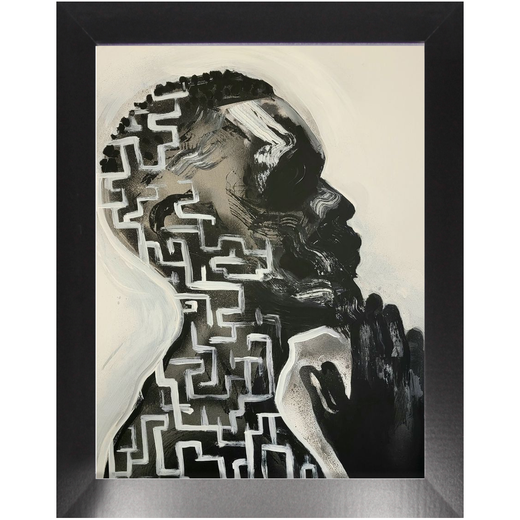 Abstract painting titled “Amazing Grace” showing a male figure in prayer with an intricate maze design within his profile, symbolizing faith and divine guidance.