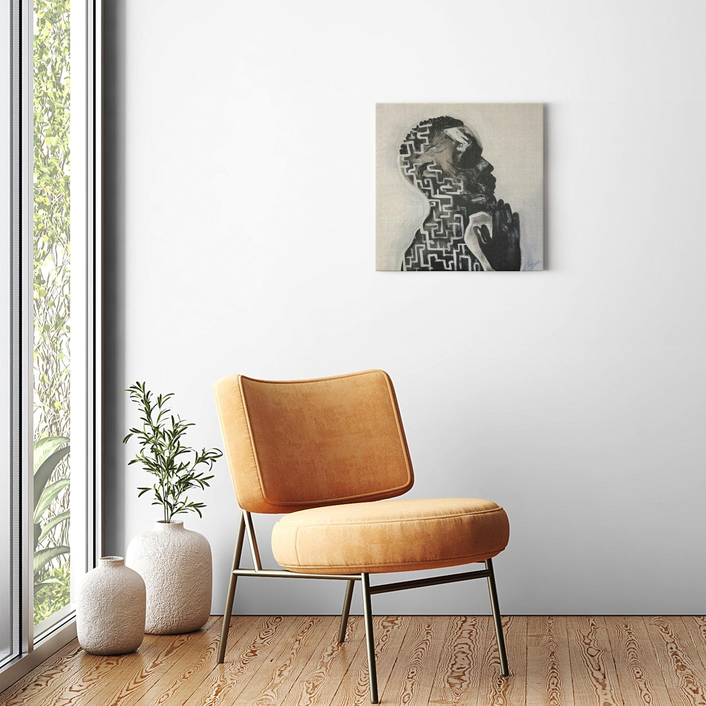 Abstract painting titled “Amazing Grace” showing a male figure in prayer with an intricate maze design within his profile, symbolizing faith and divine guidance.