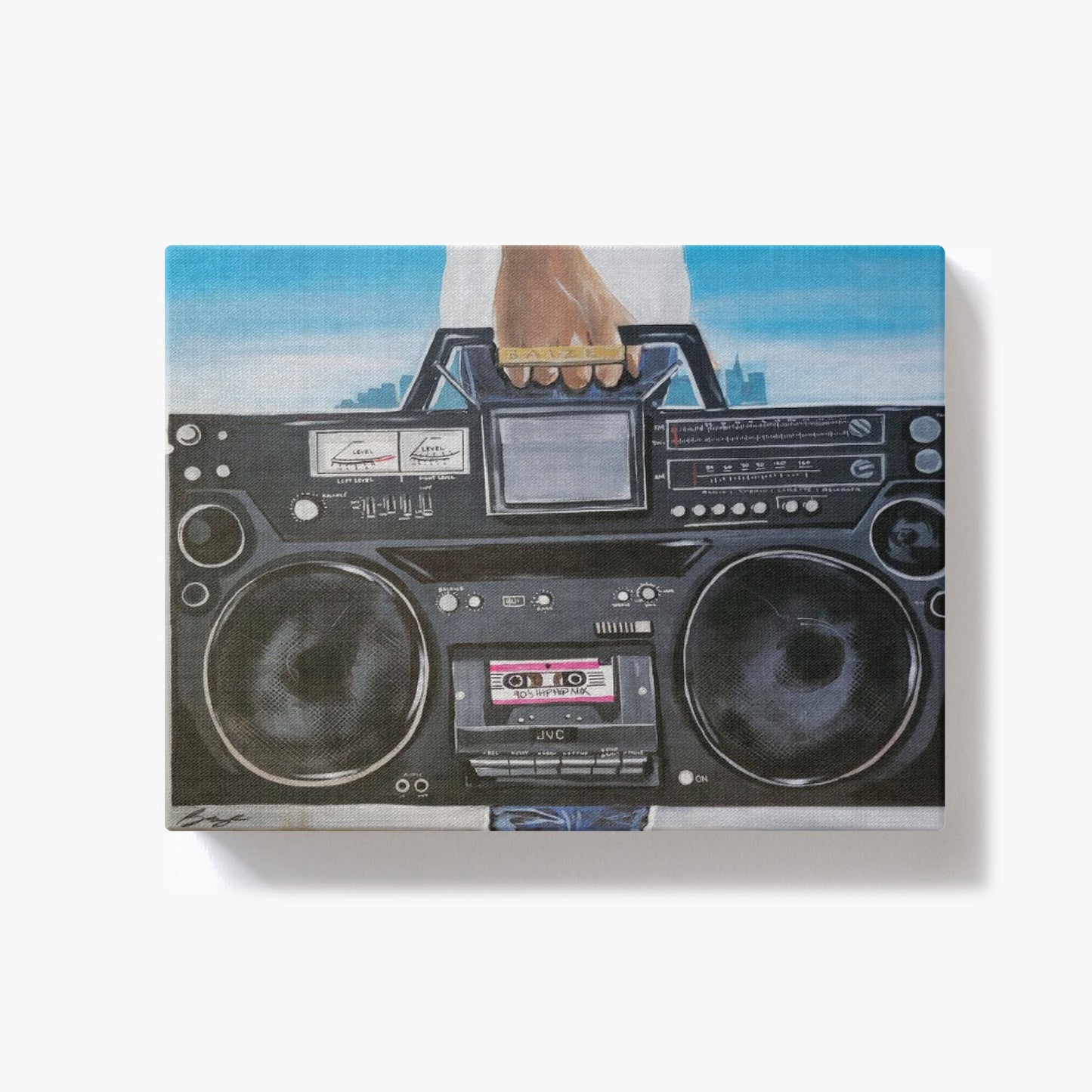 Painting titled “My Boom Box” showing a man in a white T-shirt holding a boombox with a BAIZE ring on his fingers and a faint city skyline in the background.