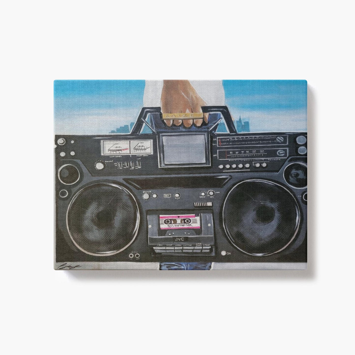 Painting titled “My Boom Box” showing a man in a white T-shirt holding a boombox with a BAIZE ring on his fingers and a faint city skyline in the background.