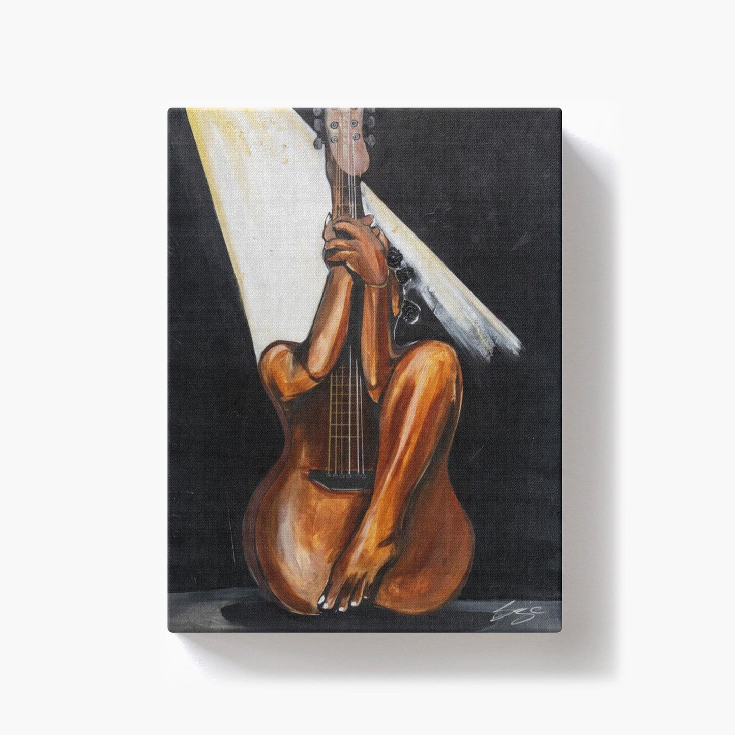 Abstract painting titled “Fine Tuned” showing a woman’s curved body merged with a guitar’s form, one leg extending upward into the neck of the instrument.